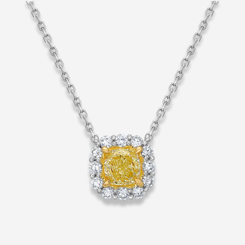 1 Carat Fancy Light Yellow Cushion with White Halo Diamond Pendant Necklace