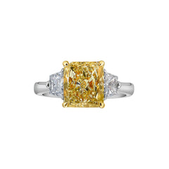 2.28 Carat Center Fancy Light Yellow Cushion Cut Diamond  SI2 Clarity 0.32 Carats of E Color Trapezoids GIA Certified Diamond  Crafted in Platinum and 18k Yellow Gold Handmade in NYC.