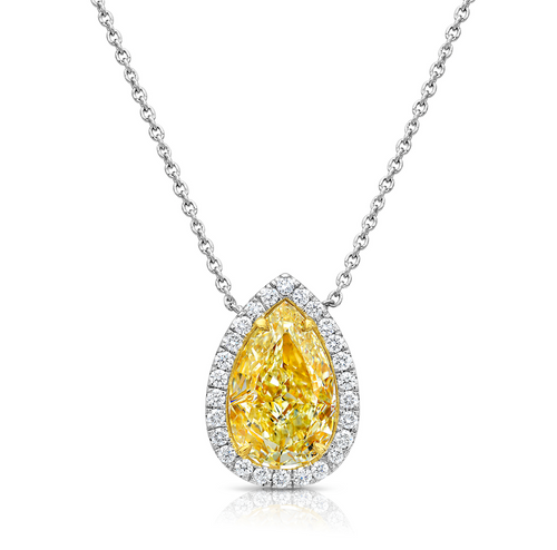 Unique GIA certified pear shaped yellow diamond necklace in yellow gold with stunning canary diamonds and a SI1 clarity.