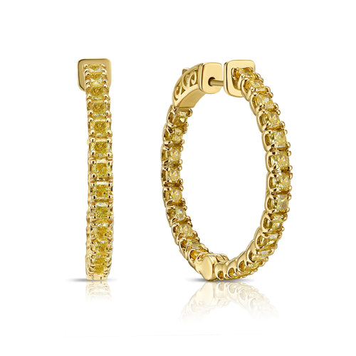 Natural yellow diamond hoop earrings, canary diamond hoops, intense yellow diamonds.