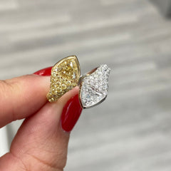 Unique two stone diamond ring with yellow and white diamonds. Perfect statement ring. Diamond Ring.