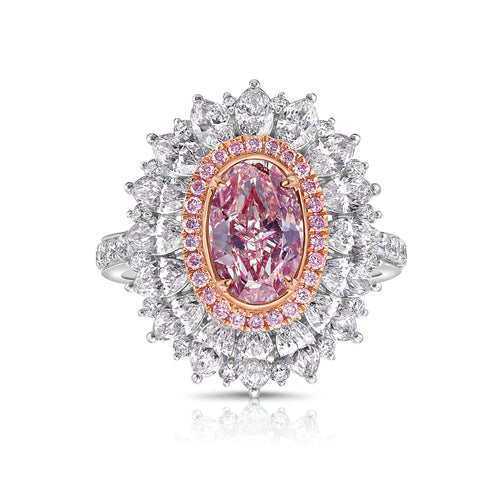 Fancy natural light pink elongated cushion cut set in white diamond white gold ring.
