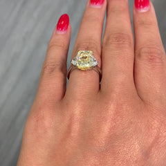 Fancy Yellow elongated radiant cut diamond three stone ring , three stone engagement ring unique engagement ring