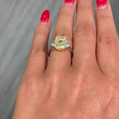 Fancy Yellow elongated radiant cut diamond three stone ring , three stone engagement ring unique engagement ring