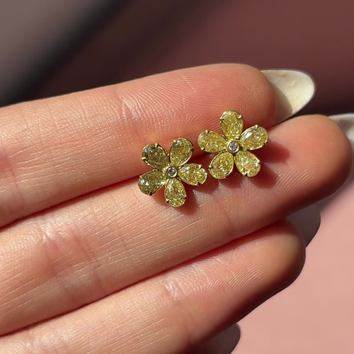 Yellow Diamond Flower Stud Earrings