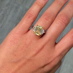 5 Carat Yellow Emerald Cut Diamond Three Stone Ring