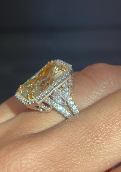 10ct Light Yellow Elongated Radiant Yellow Diamond Halo Statement Ring