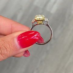 Fancy Yellow elongated radiant cut diamond three stone ring , three stone engagement ring unique engagement ring