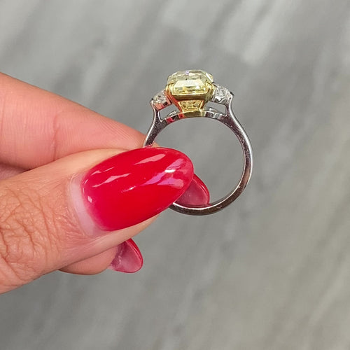Fancy Yellow elongated radiant cut diamond three stone ring , three stone engagement ring unique engagement ring