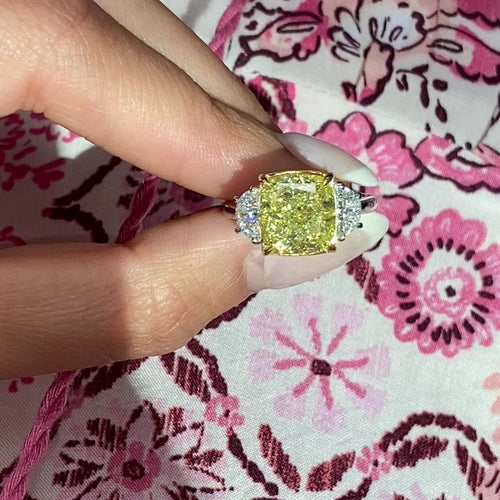 5.62ct Fancy Yellow Cushion Diamond Three Stone Ring