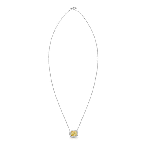 2ct Yellow Cushion with White Halo Diamond East West Pendant Necklace