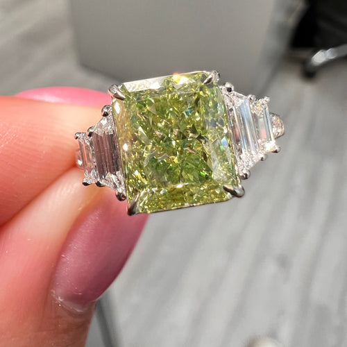 Natural Green elongated radiant diamond ring. GIA green diamond. Natural green diamond. JLO green diamond ring. Long radiant. Rectangular radiant