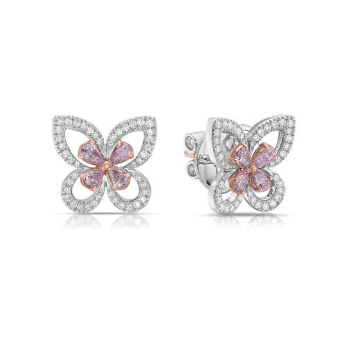 Delicate pink butterfly-shaped diamond stud earrings with a graceful and unique design.