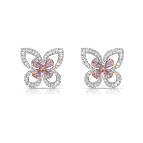 Delicate pink butterfly-shaped diamond stud earrings with a graceful and unique design.