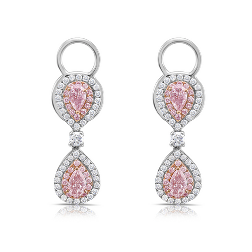 Unique pink diamond earrings. pink pear shape diamonds. pink diamonds.