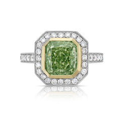 Unique green diamond ring, radiant cut diamond ring, halo diamond ring, green diamond ring, green radiant cut diamond.