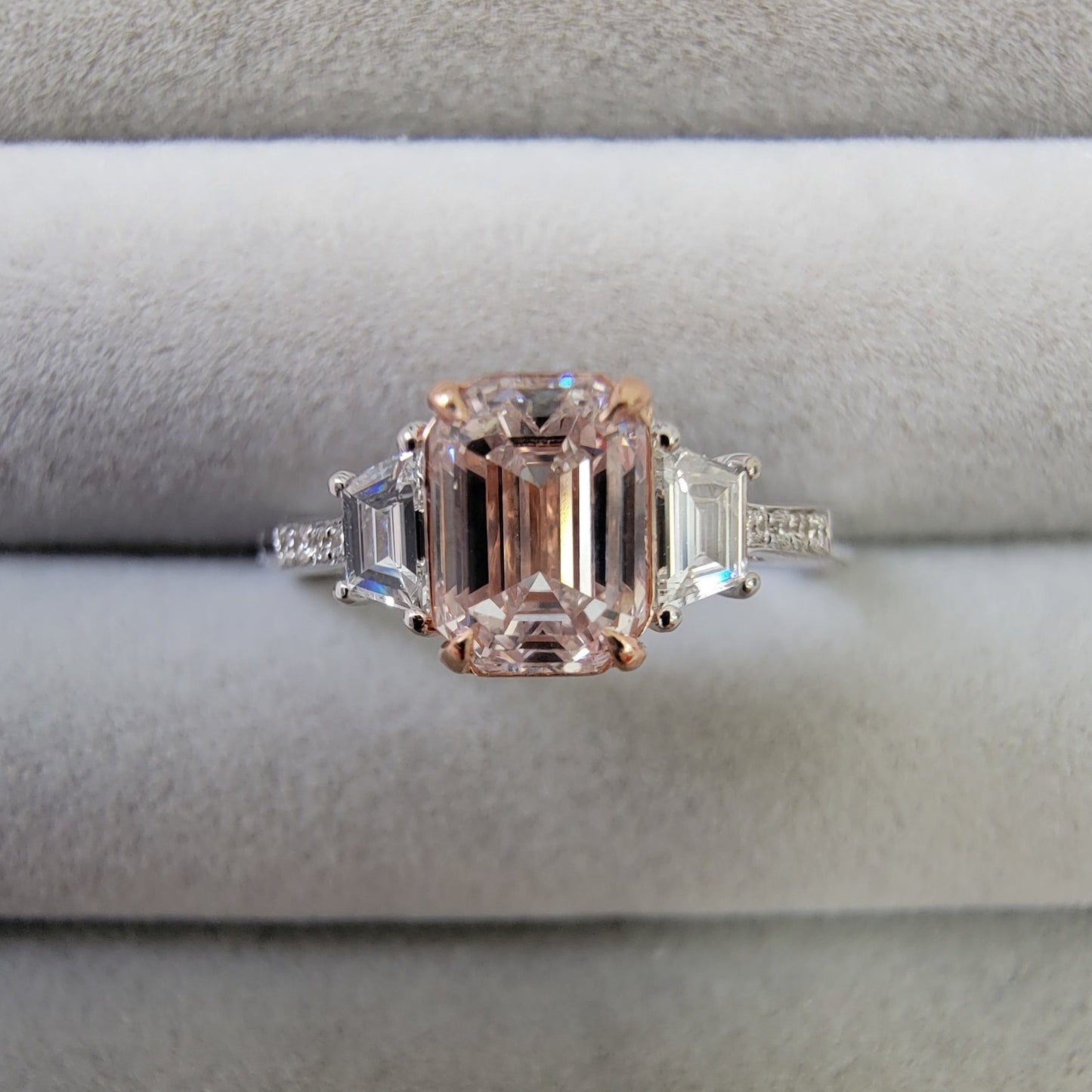Faint pink emerald cut diamond, emerald cut diamond, pink emerald cut engagement ring, faint pinkish brown emerald cut