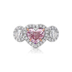 1.37 GIA Light Pink Heart Shape Diamond SI1 Clarity No fluorescence Platinum Ring Handmade in NYC Set with 2 white diamond round side stones and soft white diamond halos GIA Certified Diamond Ready to ship.