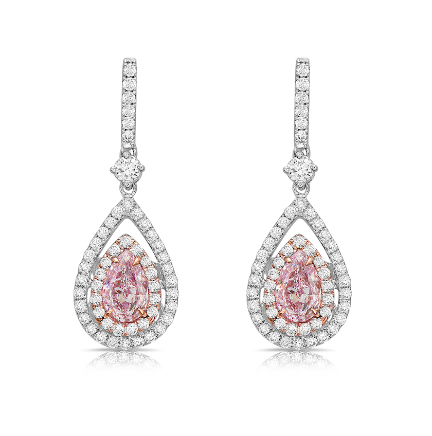 pink diamond pear shape earrings with white diamonds. Pink diamond earrings