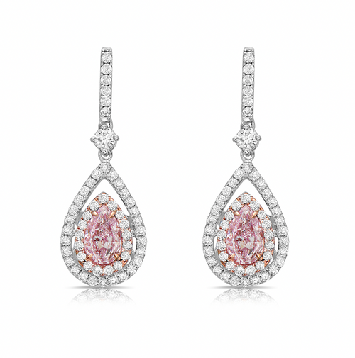 pink diamond pear shape earrings with white diamonds. Pink diamond earrings.