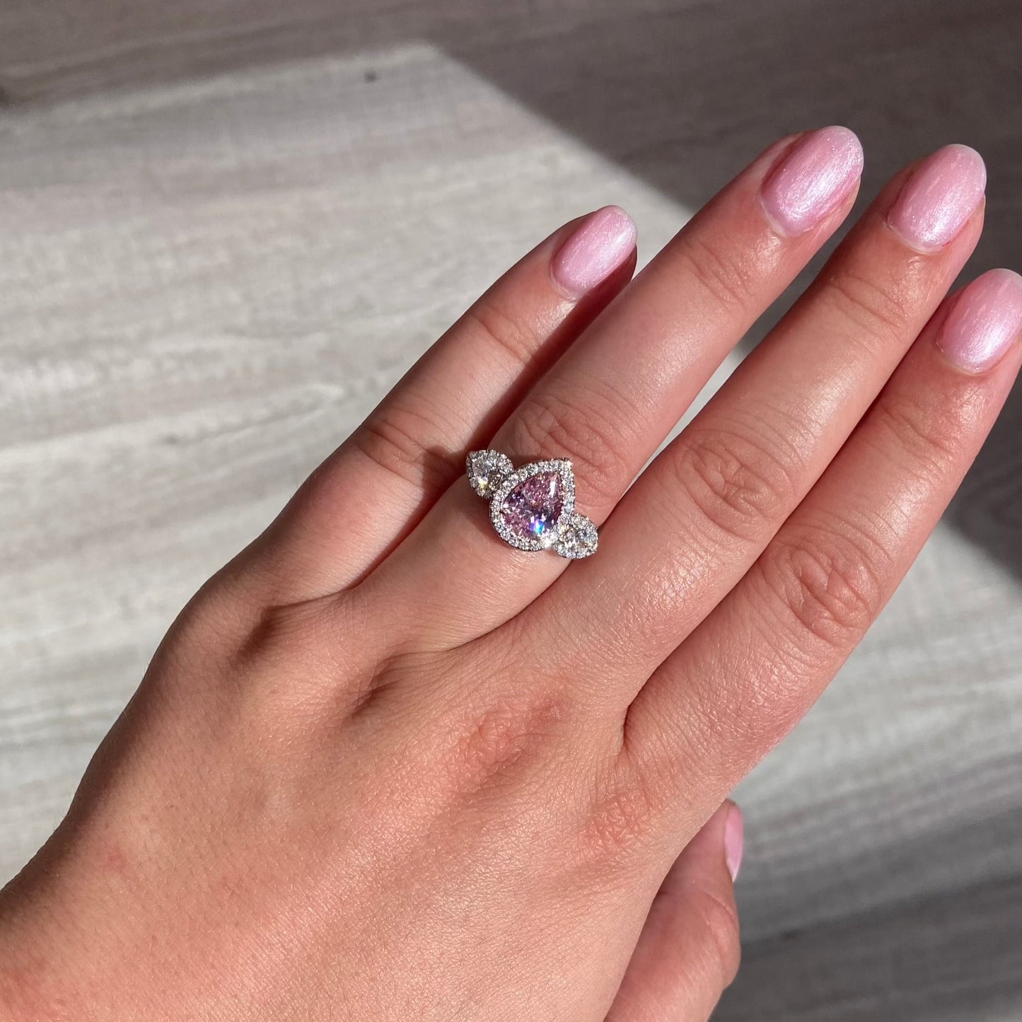 1.5 carat Light pink pear shape diamond ring