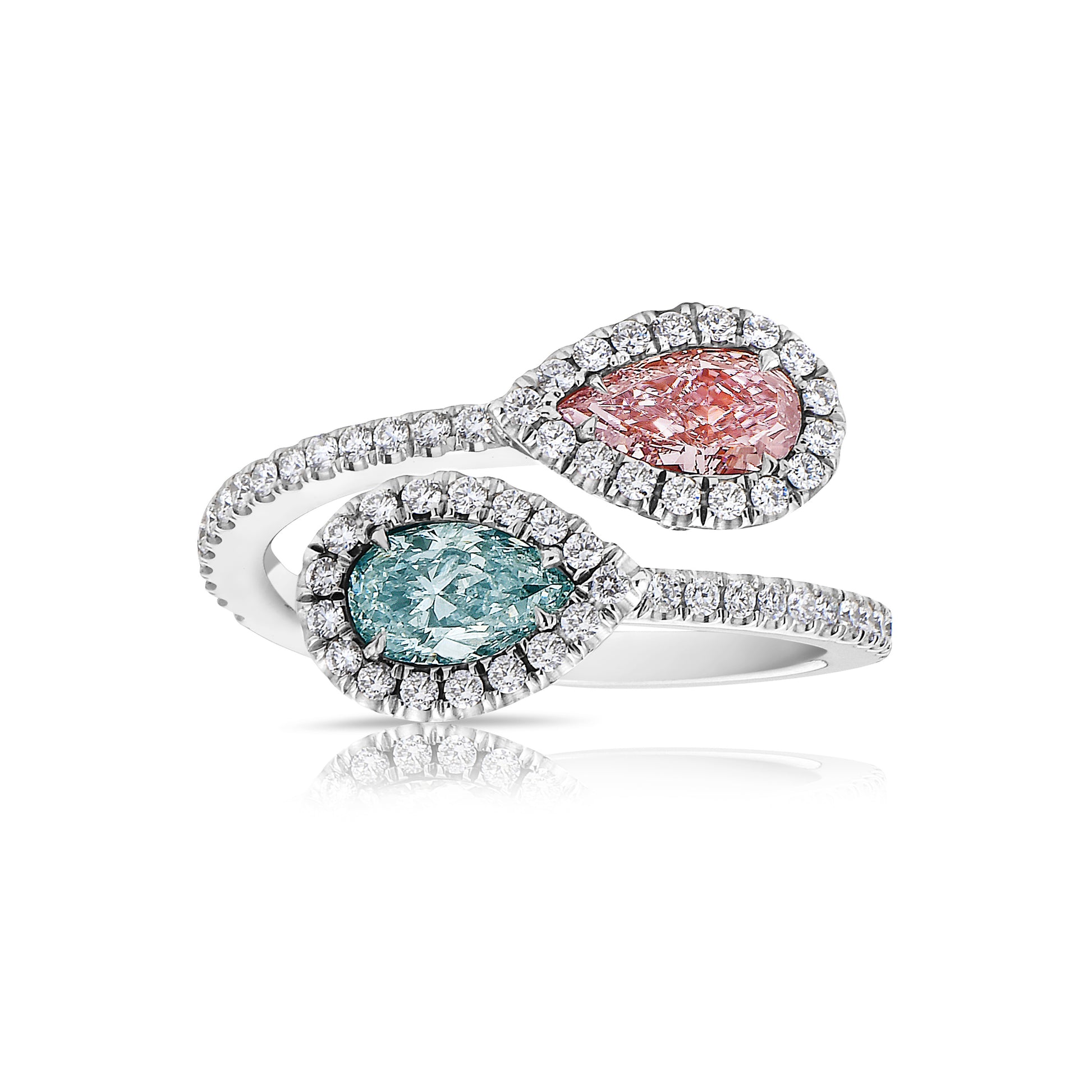 blue diamond. pink diamond. two stone ring. 2 stone ring. pink and blue pear shape diamond