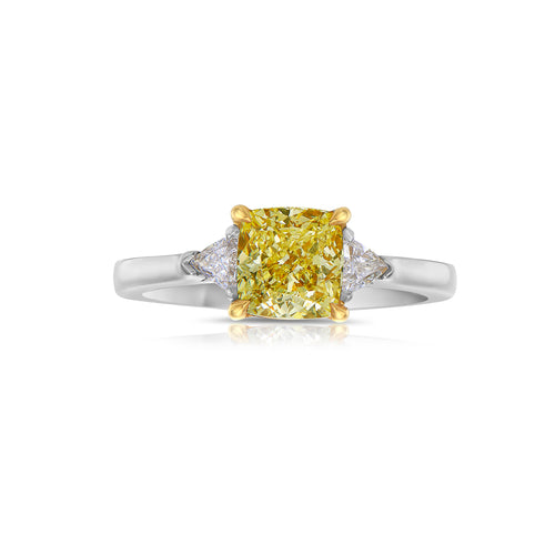 yellow diamond ring. yellow cushion cut diamond.