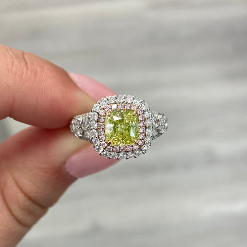 Royal natural green diamond ring. green cushion cut diamond.