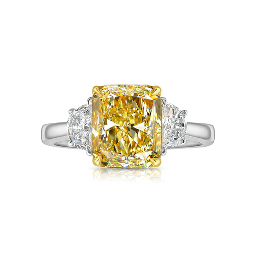 3.29ct Fancy Yellow Elongated Radiant Diamond Three Stone Ring