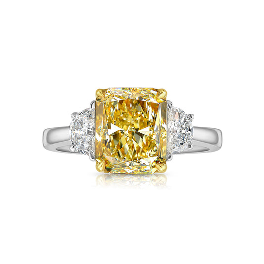 3.29ct Fancy Yellow Elongated Radiant Diamond Three Stone Ring