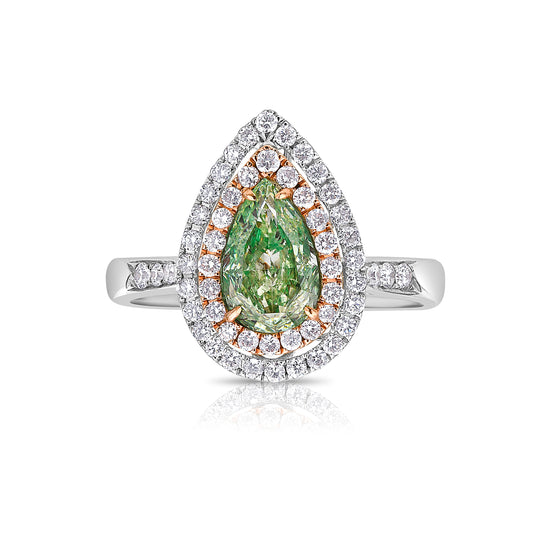 1.01 Carat Fancy Light Brownish Greenish Yellow Pear 0.50 Carats of surrounding diamonds VS1 Clarity Very Good, Excellent, None Fluorescence Handset in 18k Gold GIA Certified Diamond