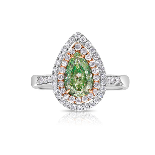 1.01 Carat Fancy Light Brownish Greenish Yellow Pear 0.50 Carats of surrounding diamonds VS1 Clarity Very Good, Excellent, None Fluorescence Handset in 18k Gold GIA Certified Diamond.