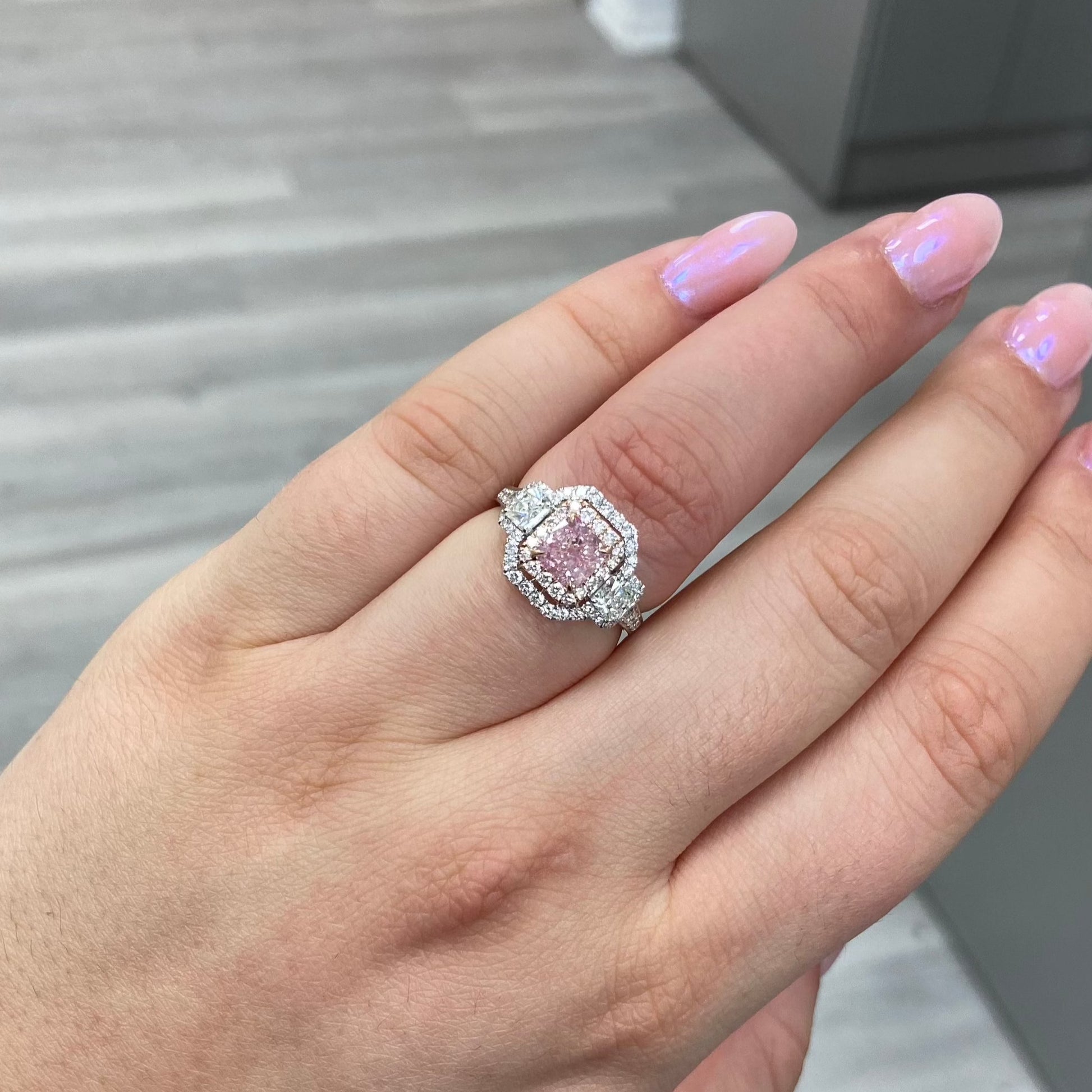 Pink diamond ring, radiant cut ring, natural pink diamond, pink radiant cut, pink diamond ring, natural pink diamond, three stone diamond ring