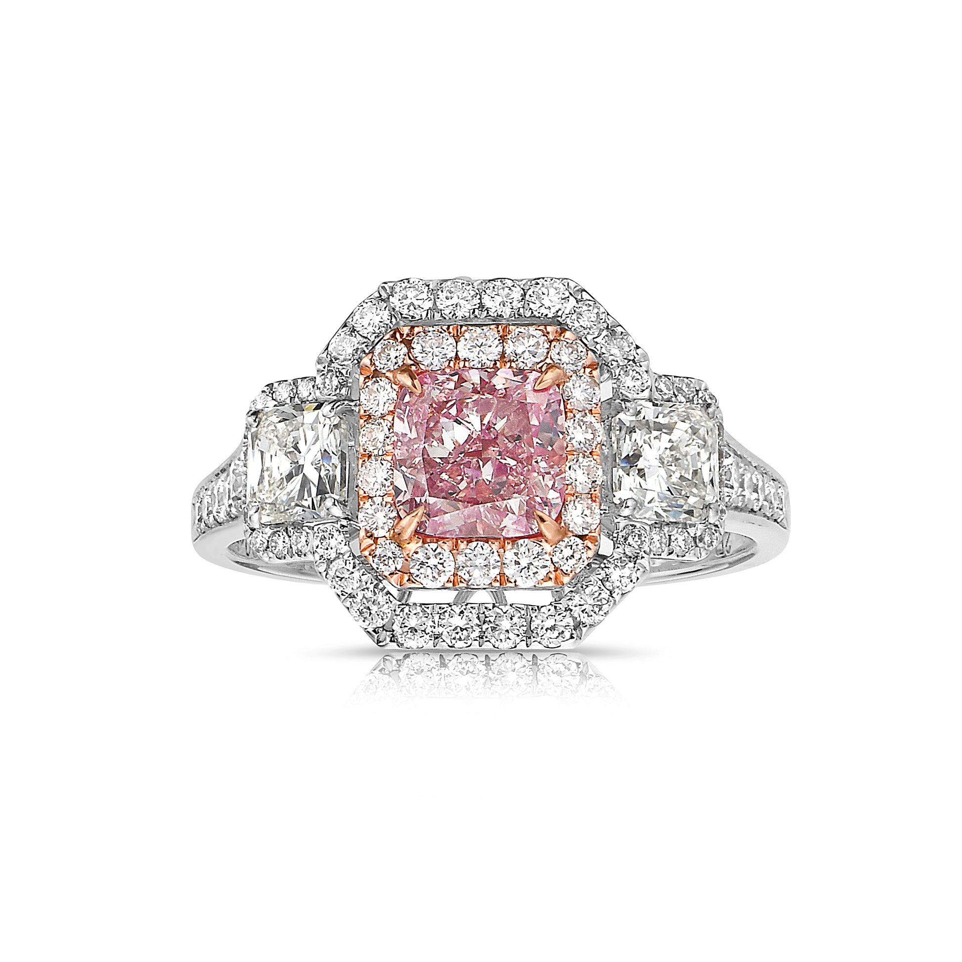 Pink diamond ring, radiant cut ring, natural pink diamond, pink radiant cut, pink diamond ring, natural pink diamond, three stone diamond ring