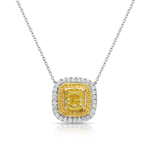 yellow diamond necklace. yellow diamond pendant. yellow cushion diamond