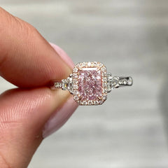 Pink Diamonds. Pink Diamond engagement rings. pink diamond ring. Light pink diamond rings. Long radiant pink diamond ring. Long Radiant. Rare colors pink diamonds. rare colors