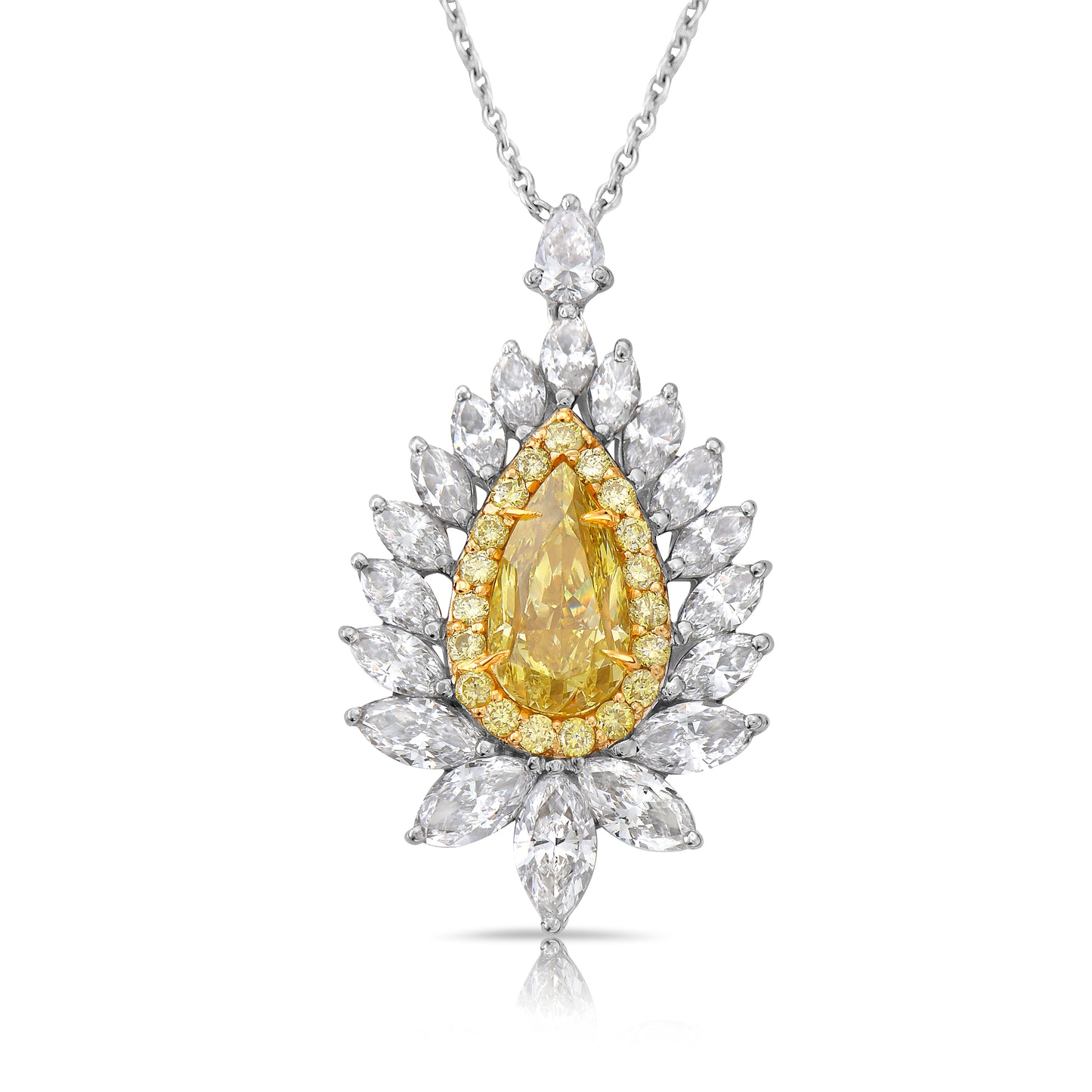 Intense yellow pear shape. Gia certified intense yellow diamond. Yellow diamond necklace. Unique yellow diamond necklace. Yellow diamond pear shape necklace.
