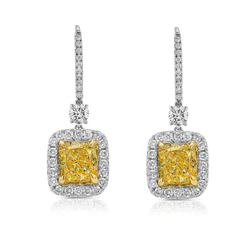 Fine 5ct Fancy Yellow VS2 GIA Certified Cushion Drop halo Earrings.