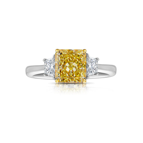 fancy yellow diamond ring. yellow diamonds. fancy yellow diamond. 3 stone ring. 2 carat yellow diamond.