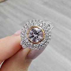 1.04 Carat Light Pink Round Diamond 0.87 Carats of Surrounding White Diamonds I3 Clarity Handmade 18k Rose Gold and White Gold