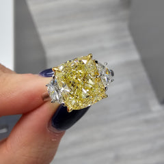 4.02 Carat Cushion Diamond Fancy Yellow Diamond SI1 Clarity  Excellent, Very Good Cutting, No Fluorescence  4.43 Carat Total 0.41 Carat Half Moons Handmade in Platinum & 18k White Gold  GIA Certified Diamond