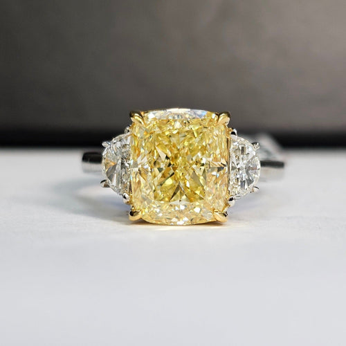 4.02 Carat Cushion Diamond Fancy Yellow Diamond SI1 Clarity  Excellent, Very Good Cutting, No Fluorescence  4.43 Carat Total 0.41 Carat Half Moons Handmade in Platinum & 18k White Gold  GIA Certified Diamond