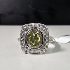 2.09 Carat Center Diamond Fancy Brownish Greenish Yellow Cushion Cut Diamond Handmade in NYC Handcrafted in 18k White Gold