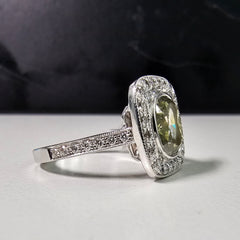 2.09 Carat Center Diamond Fancy Brownish Greenish Yellow Cushion Cut Diamond Handmade in NYC Handcrafted in 18k White Gold