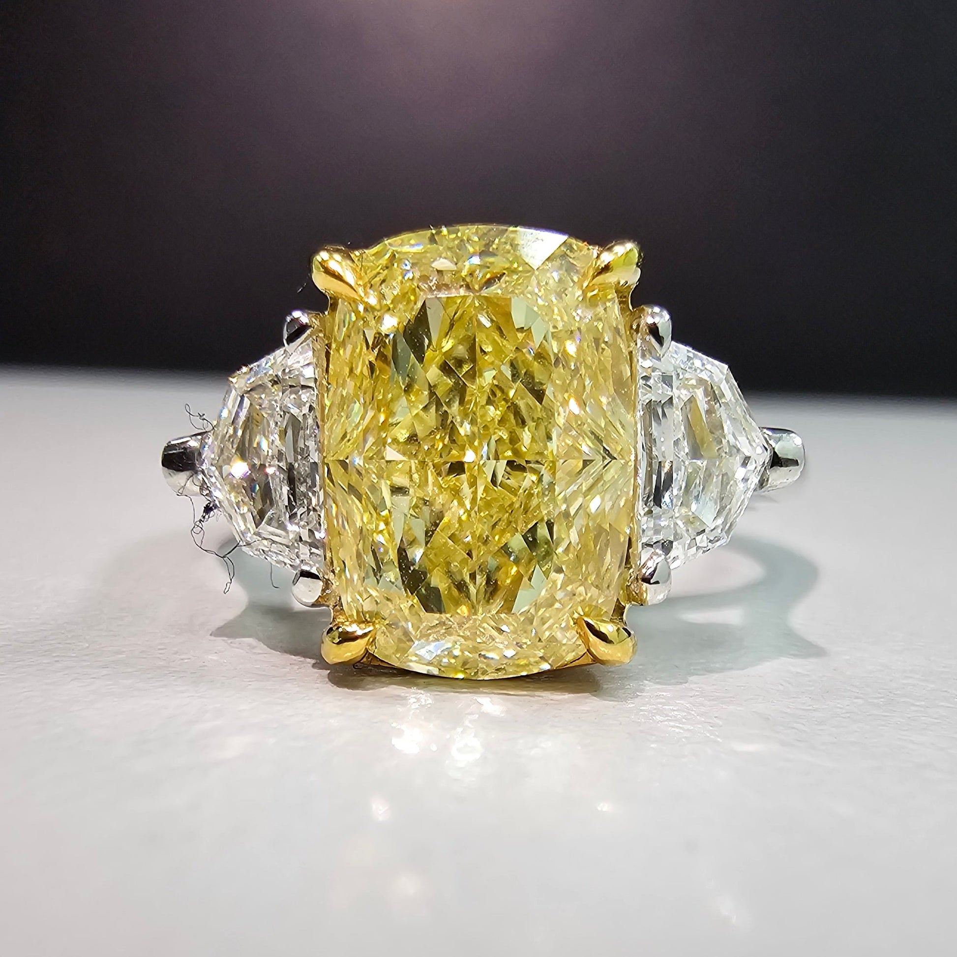 Yellow diamond engagement ring, unique elongated cushion cut diamond three stone ring, canary diamond ring