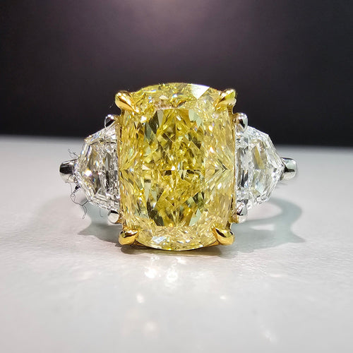 Yellow diamond engagement ring, unique elongated cushion cut diamond three stone ring, canary diamond ring