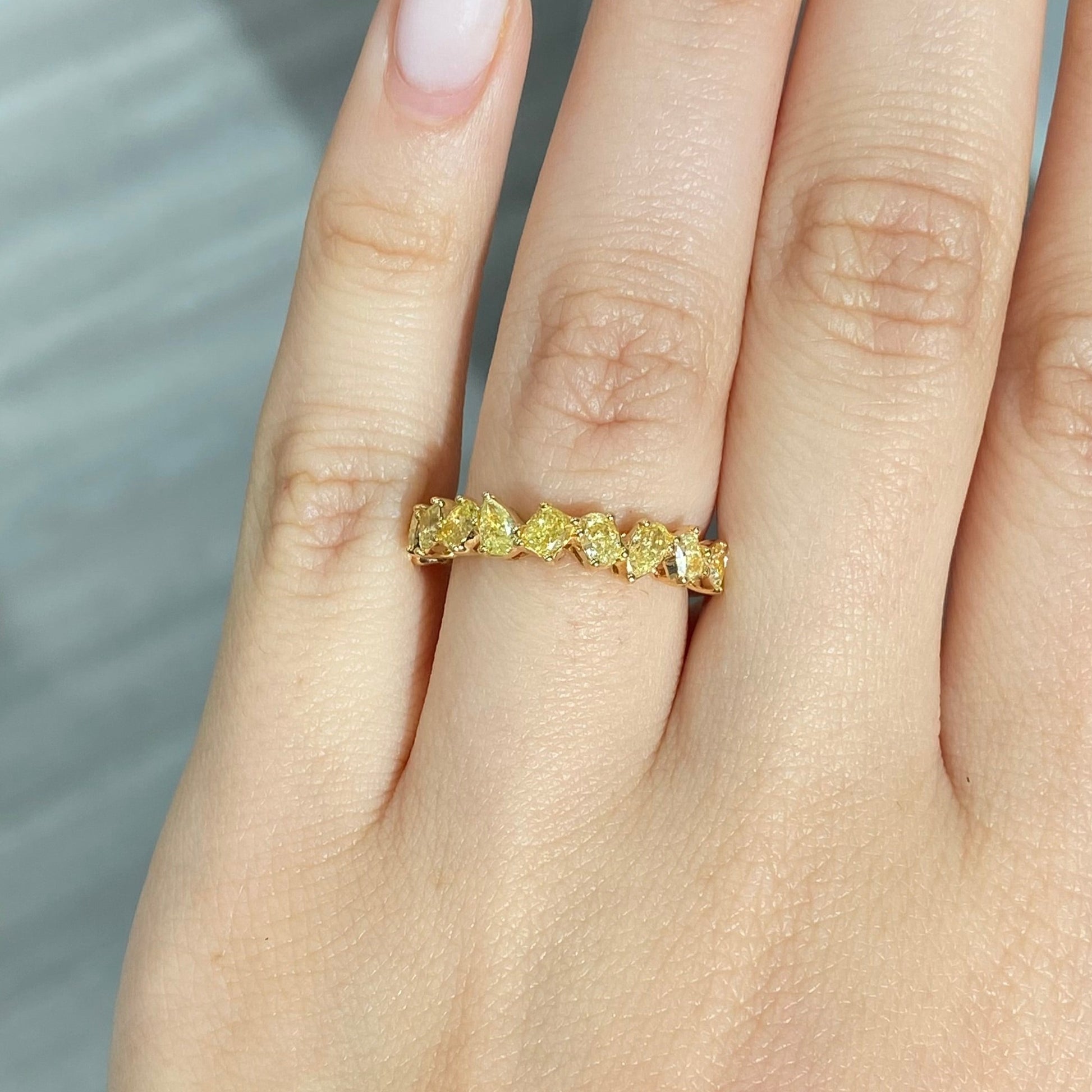 4.77 Carats Total Half Eternity Band with diamonds reaching halfway around the band Mixed Shapes: Heart, Pear, Oval, Cushion, Radiant Diamonds Crafted in 18k Yellow Gold Handmade in NYC