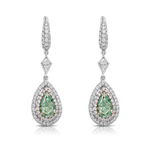 Natural Green diamond earrings. 2.50 carat green diamond earrings. Green Diamond Jewlery.