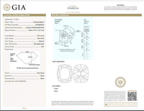 2.01 Carat Faint Pink Diamond Cushion Cut Diamond VS1 clarity Very Good + Good Cutting No Fluorescence GIA Certified Diamond