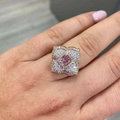 Pink radiant diamond ring, natural pink diamond, pink floral diamond ring